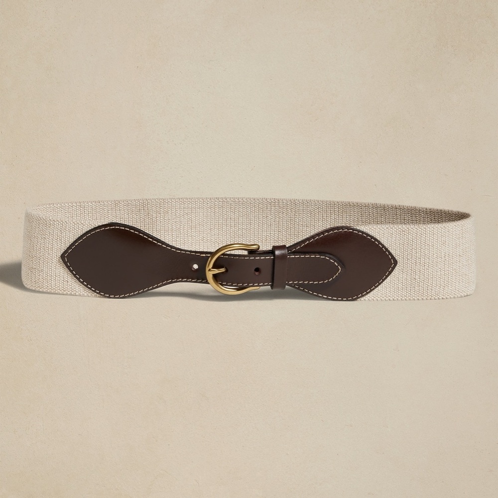 New! Banana Republic 100% Leather Trim and Linen Belt, Brown + Beige, Size Large